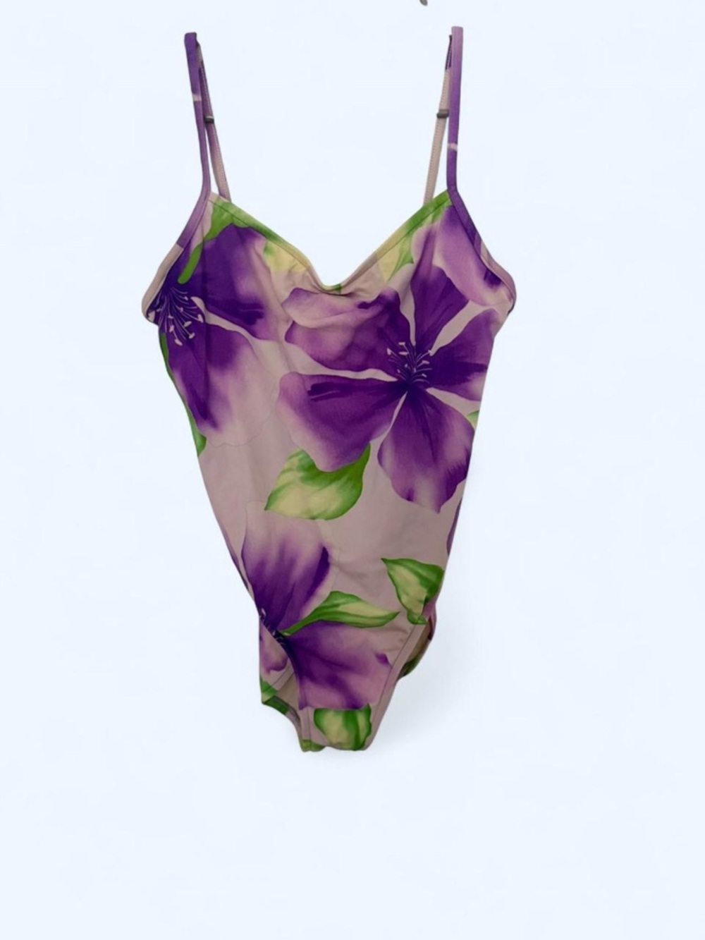 Floral Purple One Piece Bathing Suit with Green Leaves